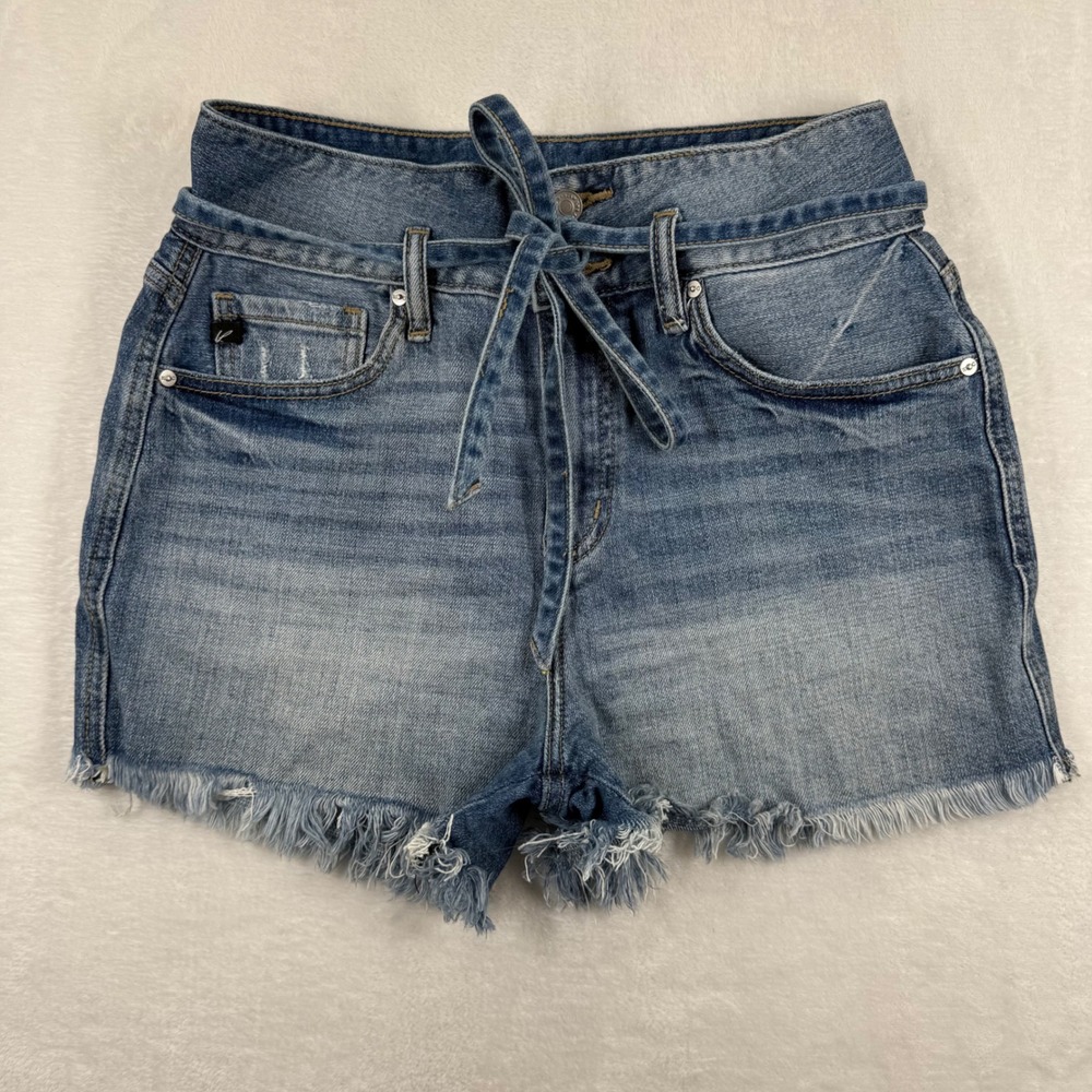 KanCan High Rise Double Waistband Tie Belt Frayed Denim Jean Shorts Blue‎ 7/27
